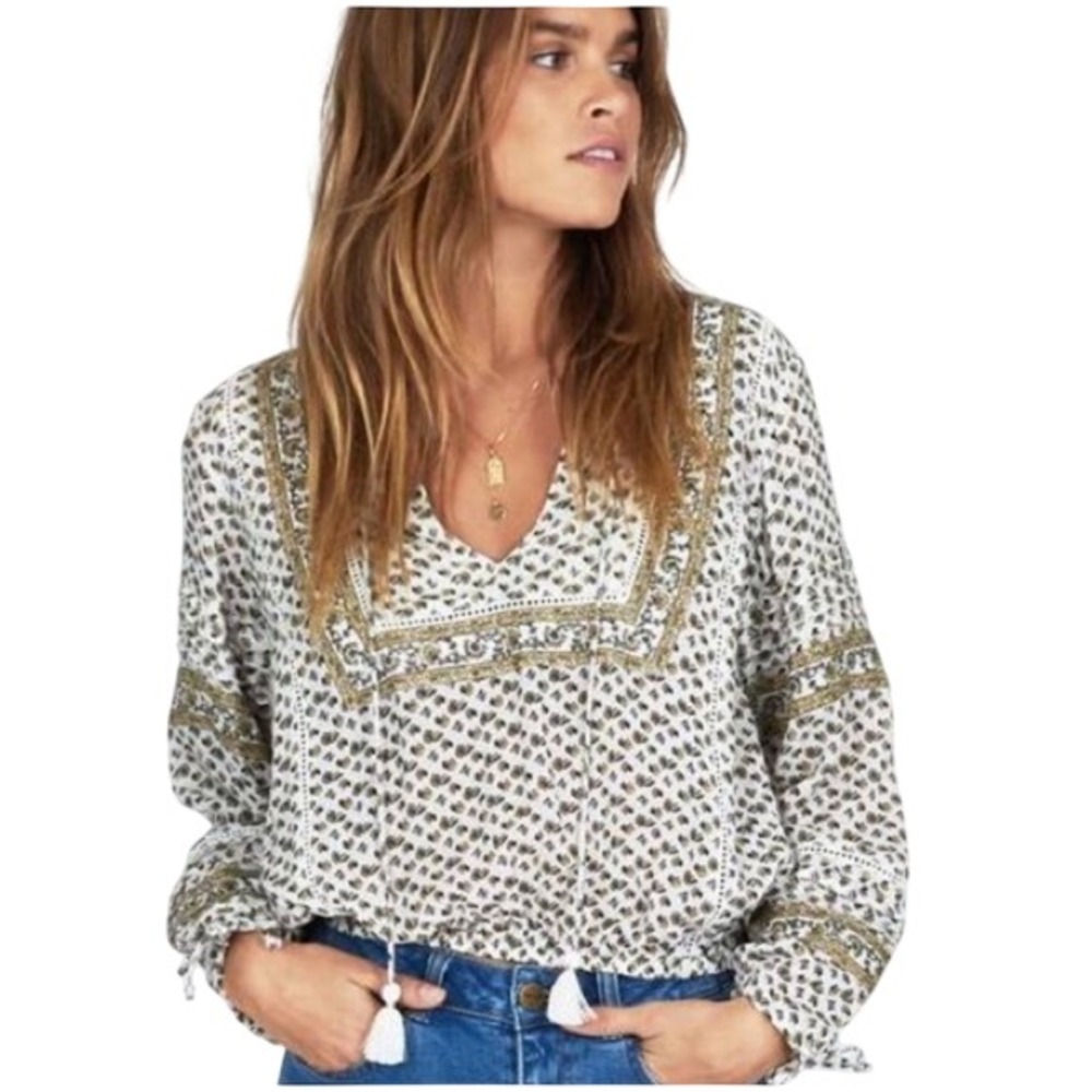 Amuse Society Women's S White Floral Boho Tassel Peasant Bloomcore Blouse
